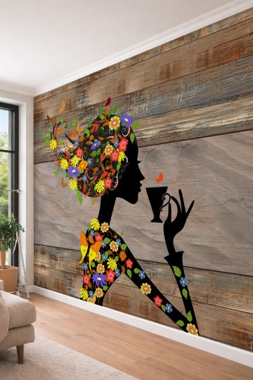 Dreamwall Eskitme Ahşap Panel Görünümlü Çiçekli Kadın Silüeti Tasarımlı Tekstil Duvar Kağıdı