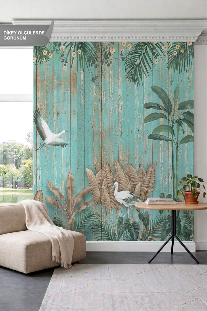 Dreamwall Eskitme Ahşap Panel, Turna Kuşları ve Tropikal Yaprak Desenli Tek Parça Tekstil Duvar Kağı...