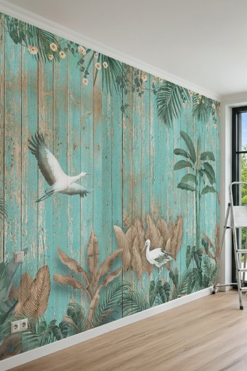 Dreamwall Eskitme Ahşap Panel, Turna Kuşları ve Tropikal Yaprak Desenli Tek Parça Tekstil Duvar Kağıdı küçük görsel 2