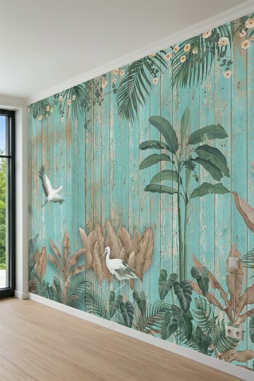 Dreamwall Eskitme Ahşap Panel, Turna Kuşları ve Tropikal Yaprak Desenli Tek Parça Tekstil Duvar Kağıdı küçük görsel 3