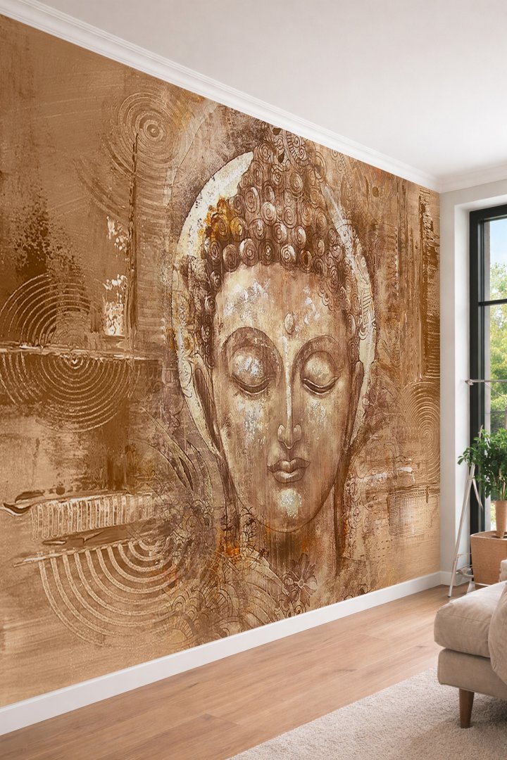 Dreamwall Eskitme Dokulu Kahve Tonları Budha Portresi - Modern Sanat Tekstil Duvar Kağıdı