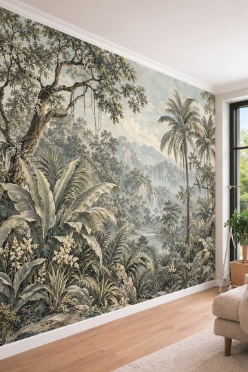 Dreamwall Eskitme Dokulu Tropikal Orman Manzarası, Palmiyeler ve Nehir Motifli Tek Parça Tekstil Duvar Kağıdı 