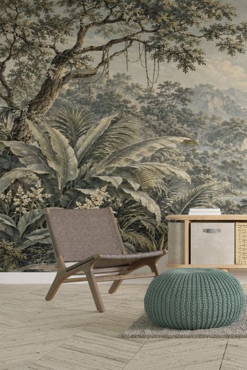 Dreamwall Eskitme Dokulu Tropikal Orman Manzarası, Palmiyeler ve Nehir Motifli Tek Parça Tekstil Duvar Kağıdı  küçük görsel 2