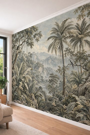 Dreamwall Eskitme Dokulu Tropikal Orman Manzarası, Palmiyeler ve Nehir Motifli Tek Parça Tekstil Duvar Kağıdı  küçük görsel 3