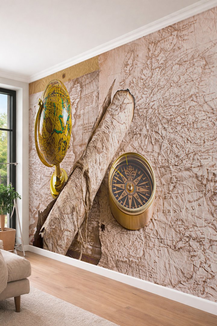 Dreamwall Eskitme Dünya Küresi ve Harita - Ofis ve Salon İçin Tek Parça Tekstil Duvar Kağıdı