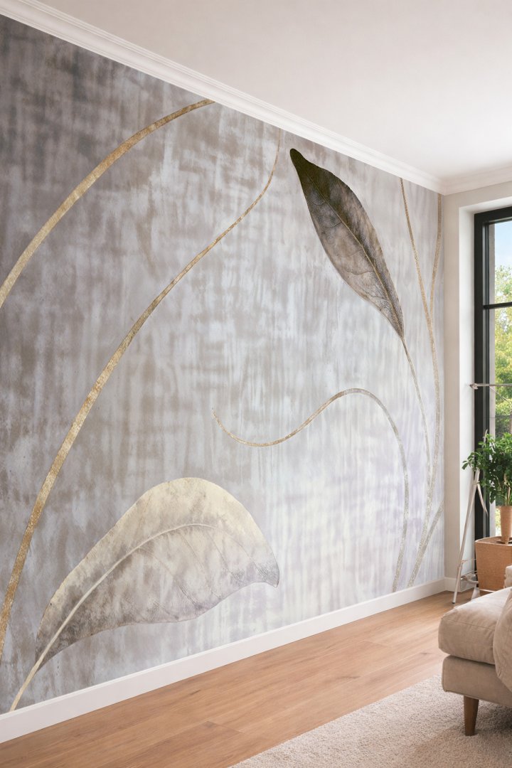 Dreamwall Eskitme Gri ve Bej Tonlu Altın Yaldızlı Çizgiler ve Büyük Yaprak Motifli Tek Parça Tekstil...