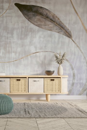 Dreamwall Eskitme Gri ve Bej Tonlu Altın Yaldızlı Çizgiler ve Büyük Yaprak Motifli Tek Parça Tekstil Duvar Kağıdı  küçük görsel 2
