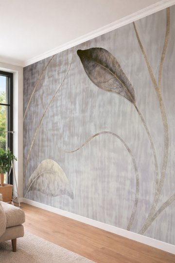 Dreamwall Eskitme Gri ve Bej Tonlu Altın Yaldızlı Çizgiler ve Büyük Yaprak Motifli Tek Parça Tekstil Duvar Kağıdı  küçük görsel 3