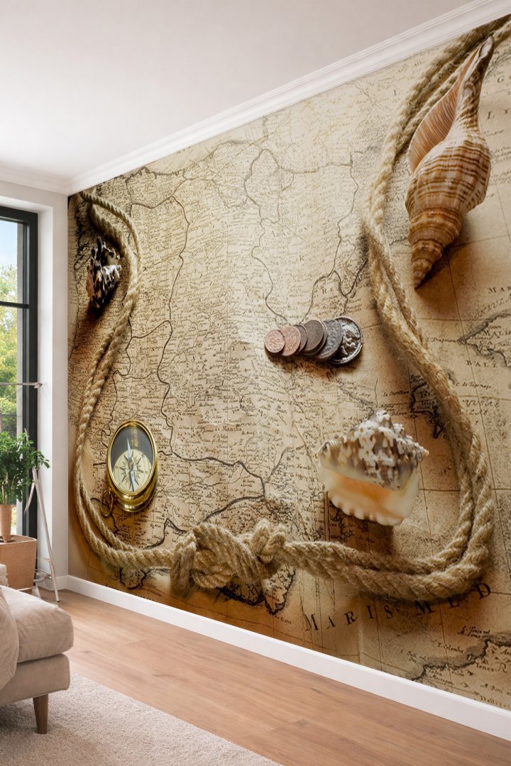 Dreamwall Eskitme Harita ve Pusula-Ofis ve Çalışma Odası İçin Tek Parça Tekstil Duvar Kağıdı