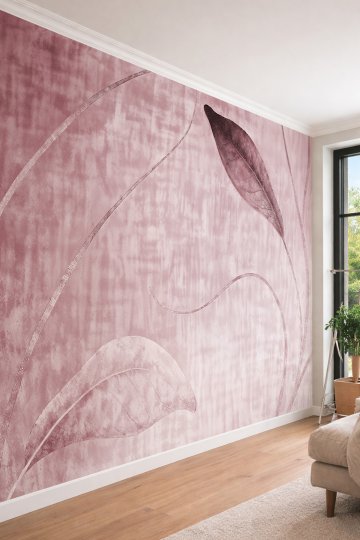 Dreamwall Eskitme Pembe ve Gül Kurusu Tonlarında Kavisli Çizgiler ve Büyük Yaprak Motifli Tek Parça Tekstil Duvar Kağıdı  küçük görsel 1