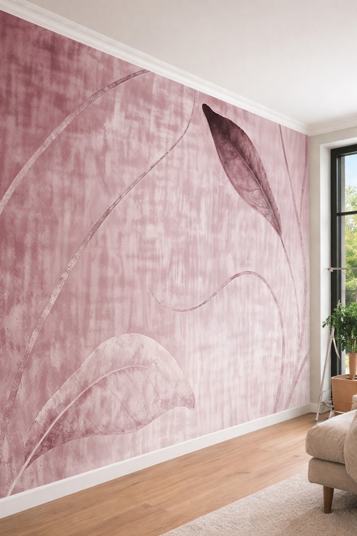 Dreamwall Eskitme Pembe ve Gül Kurusu Tonlarında Kavisli Çizgiler ve Büyük Yaprak Motifli Tek Parça...