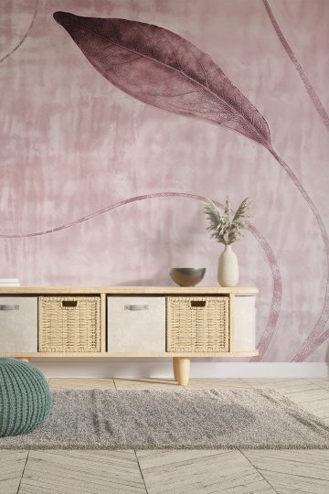 Dreamwall Eskitme Pembe ve Gül Kurusu Tonlarında Kavisli Çizgiler ve Büyük Yaprak Motifli Tek Parça Tekstil Duvar Kağıdı  küçük görsel 2