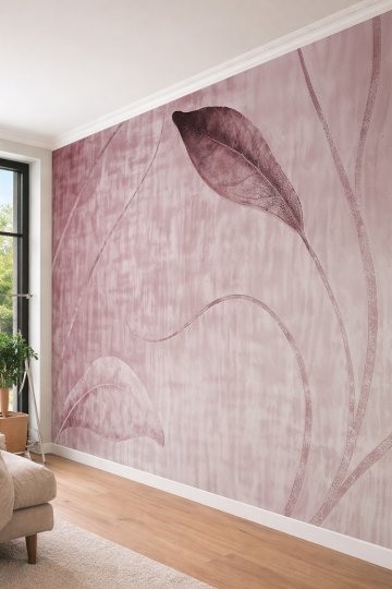 Dreamwall Eskitme Pembe ve Gül Kurusu Tonlarında Kavisli Çizgiler ve Büyük Yaprak Motifli Tek Parça Tekstil Duvar Kağıdı  küçük görsel 3