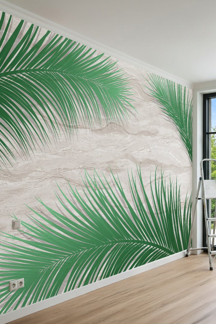 Dreamwall Eskitme Taş ve Dev Palmiye Yaprak Desenli Tek Parça Tekstil Duvar Kağıdı