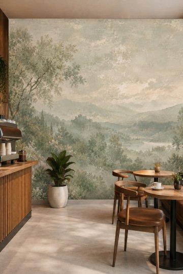 Dreamwall Eskitme Yeşil ve Toprak Tonlarında Sisli Dağ Manzarası ve Orman Motifli Tek Parça Tekstil Duvar Kağıdı  küçük görsel 2