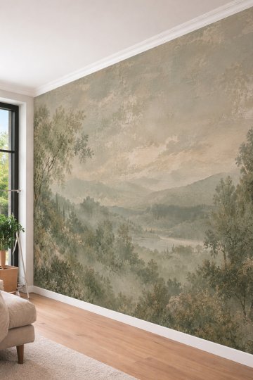 Dreamwall Eskitme Yeşil ve Toprak Tonlarında Sisli Dağ Manzarası ve Orman Motifli Tek Parça Tekstil Duvar Kağıdı  küçük görsel 3