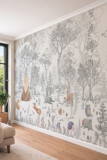 Dreamwall Eskiz Tasarım Orman Hayvanları ve Ayı Figürlü Tek Parça Tekstil Duvar Kağıdı