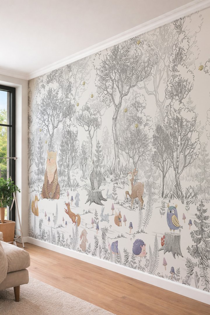 Dreamwall Eskiz Tasarım Orman Hayvanları ve Ayı Figürlü Tek Parça Tekstil Duvar Kağıdı