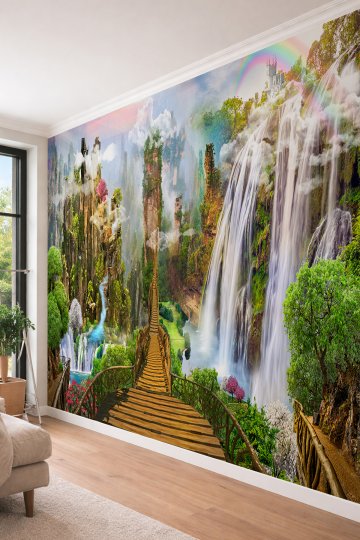 Dreamwall Fantastik Doğa Manzaralı Şelale ve Ahşap Köprü 3D Etkili Tekstil Duvar Kağıdı