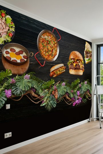 Dreamwall Fast-Food Lezzetler, Sıcak Yemekler ve Tropikal Çiçek Motifli Tek Parça Tekstil Duvar Kağı...