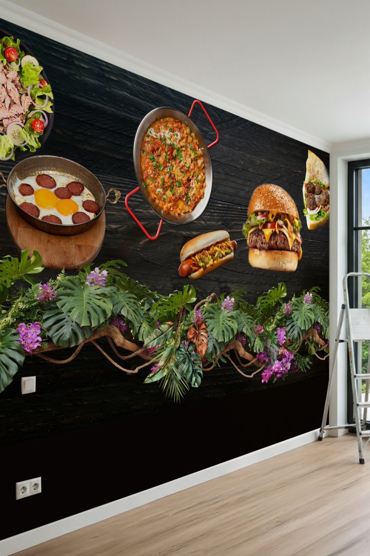 Dreamwall Fast-Food Lezzetler, Sıcak Yemekler ve Tropikal Çiçek Motifli Tek Parça Tekstil Duvar Kağı...