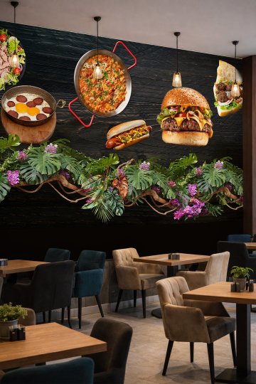 Dreamwall Fast-Food Lezzetler, Sıcak Yemekler ve Tropikal Çiçek Motifli Tek Parça Tekstil Duvar Kağıdı küçük görsel 2