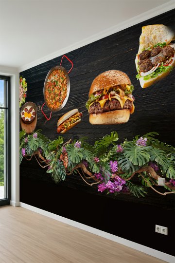 Dreamwall Fast-Food Lezzetler, Sıcak Yemekler ve Tropikal Çiçek Motifli Tek Parça Tekstil Duvar Kağıdı küçük görsel 3