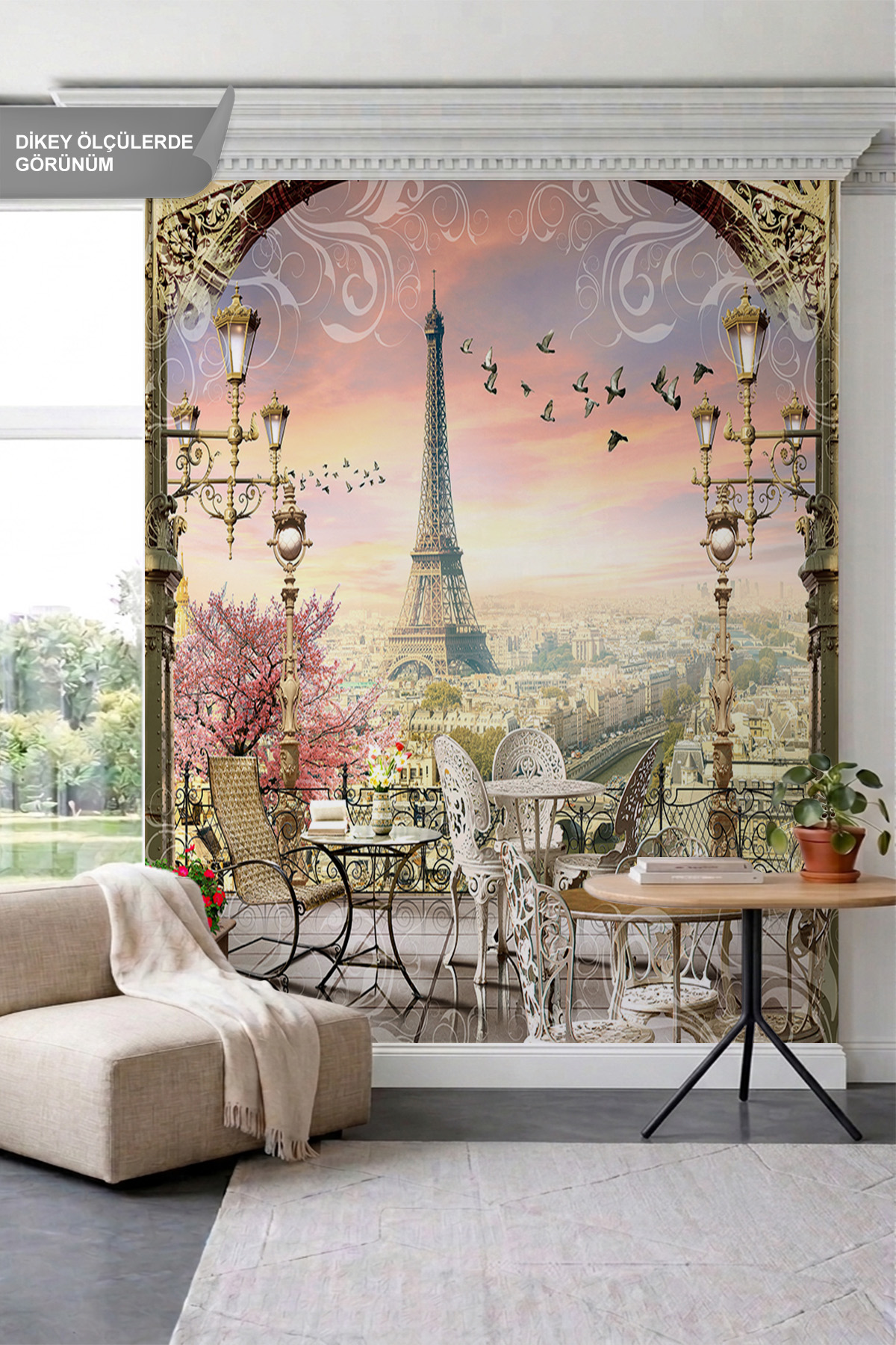 Dreamwall Ferforje Balkondan Paris Eiffel Kulesi Manzaralı Tek Parça Tekstil Duvar Kağıdı görsel 1