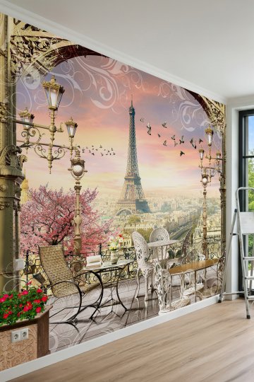 Dreamwall Ferforje Balkondan Paris Eiffel Kulesi Manzaralı Tek Parça Tekstil Duvar Kağıdı
