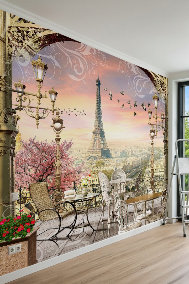 Dreamwall Ferforje Balkondan Paris Eiffel Kulesi Manzaralı Tek Parça Tekstil Duvar Kağıdı
