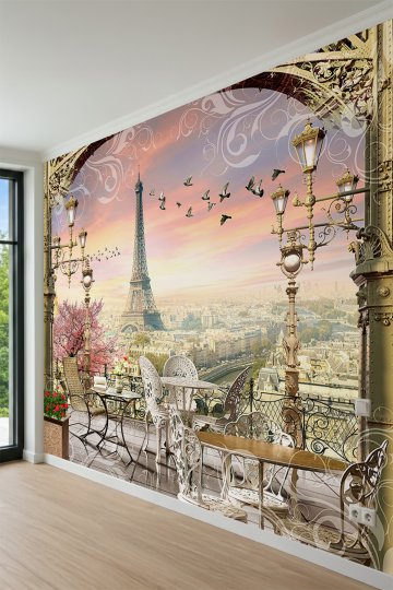Dreamwall Ferforje Balkondan Paris Eiffel Kulesi Manzaralı Tek Parça Tekstil Duvar Kağıdı küçük görsel 3