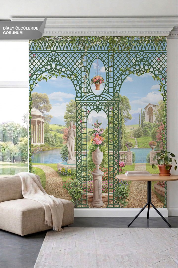 Dreamwall Ferforje Çardak, Antik Bahçe Yolu ve Peyzaj Manzaralı Tek Parça Tekstil Duvar Kağıdı
