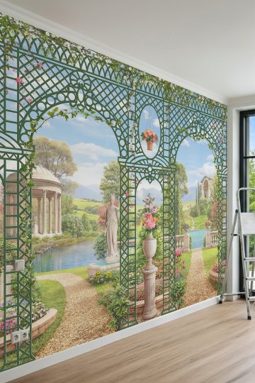 Dreamwall Ferforje Çardak, Antik Bahçe Yolu ve Peyzaj Manzaralı Tek Parça Tekstil Duvar Kağıdı küçük görsel 2