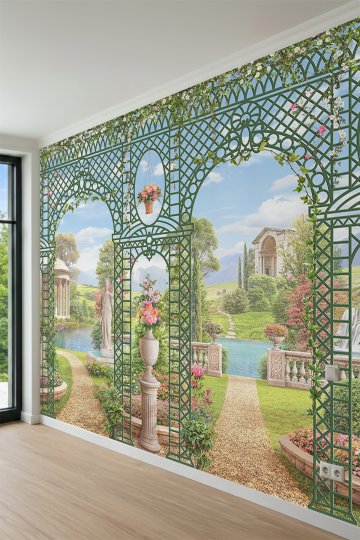 Dreamwall Ferforje Çardak, Antik Bahçe Yolu ve Peyzaj Manzaralı Tek Parça Tekstil Duvar Kağıdı küçük görsel 3