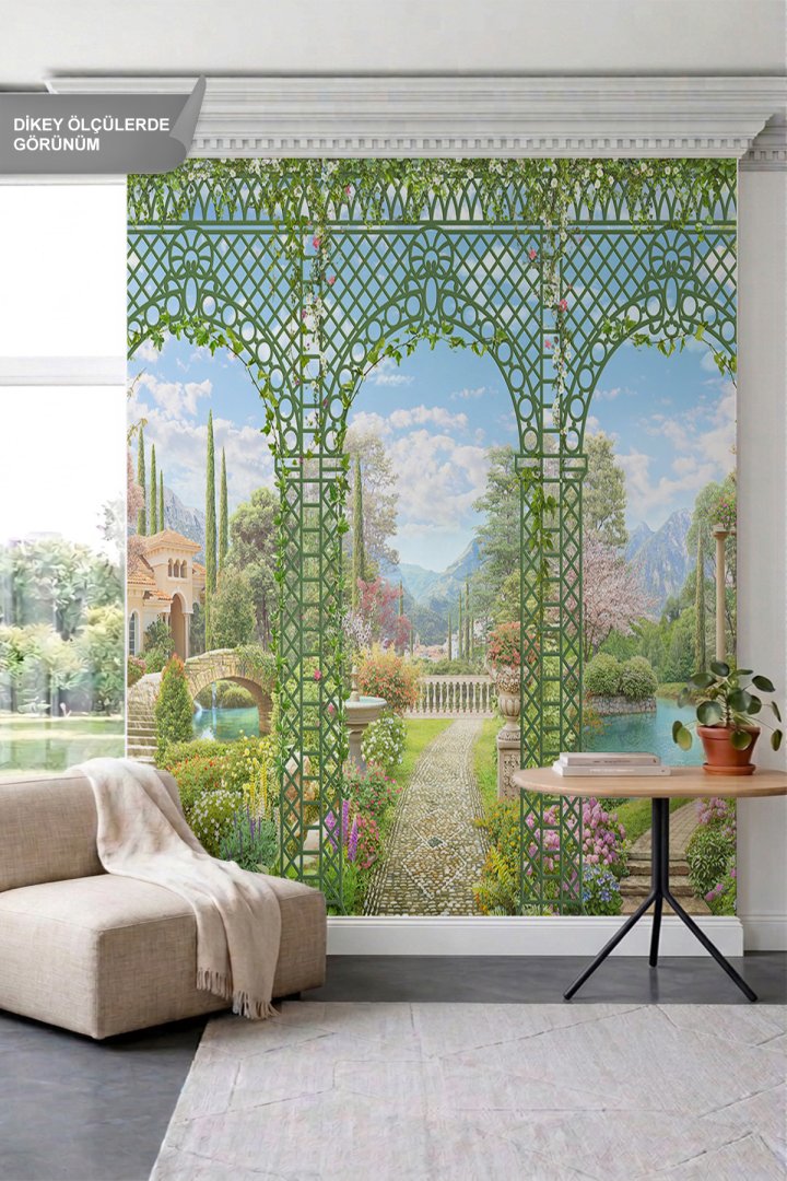 Dreamwall Ferforje Çardak Kemerleri, Göl ve Dağ Manzaralı Tek Parça Tekstil Duvar Kağıdı