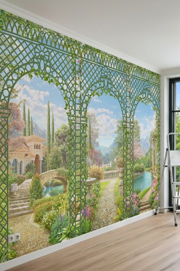 Dreamwall Ferforje Çardak Kemerleri, Göl ve Dağ Manzaralı Tek Parça Tekstil Duvar Kağıdı küçük görsel 3