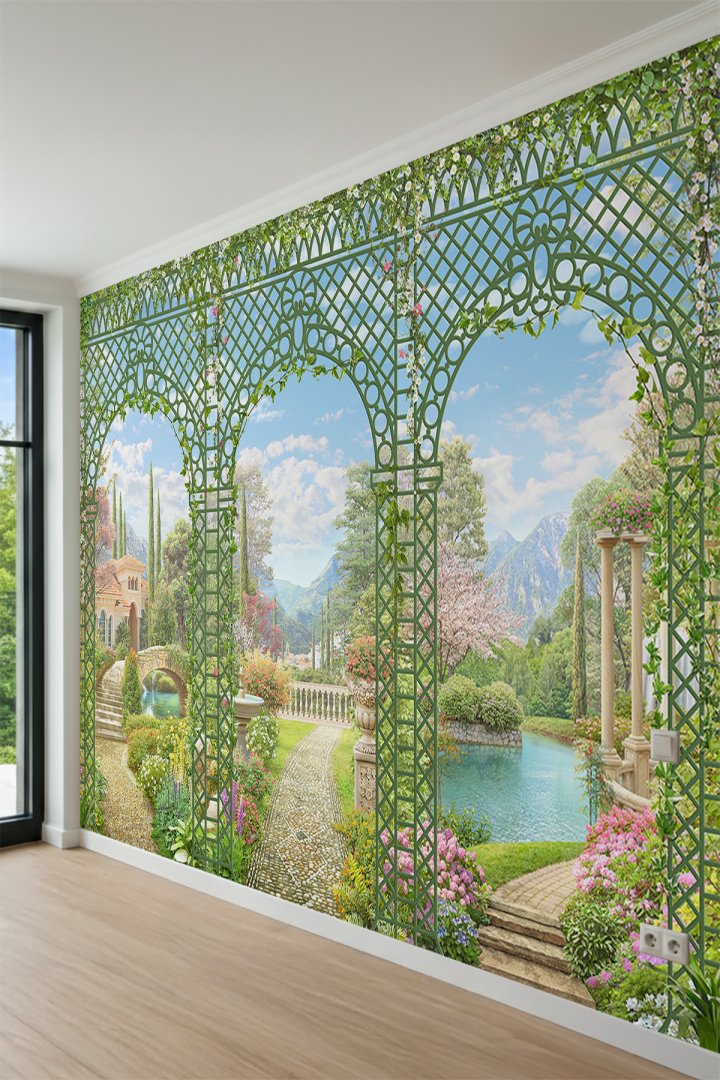 Dreamwall Ferforje Çardak Kemerleri, Göl ve Dağ Manzaralı Tek Parça Tekstil Duvar Kağıdı