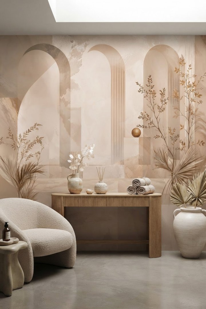 Dreamwall Fildişi Kemerler- Kemer ve Küre Desenli Tek Parça Tekstil Duvar Kağıdı 