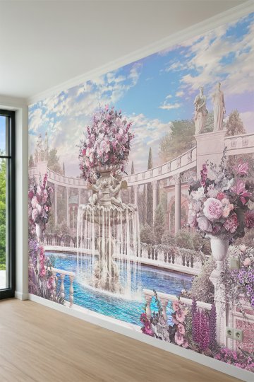 Dreamwall Fıskiyeli Havuz, Heykeller, Çiçek Vazoları ve Antik Teras Manzaralı Tek Parça Tekstil Duvar Kağıdı küçük görsel 3
