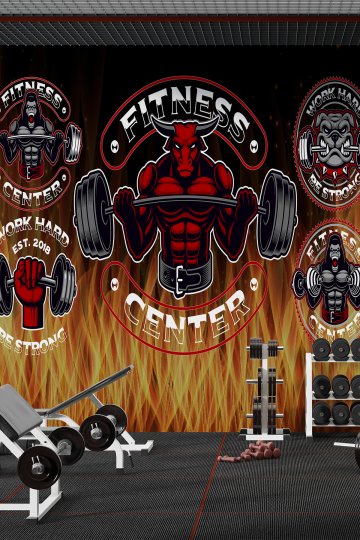 Dreamwall Fitness Center Yazılı Boğa ve Goril Logolu Spor Salonu Tekstil Duvar Kağıdı küçük görsel 2
