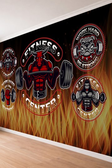 Dreamwall Fitness Center Yazılı Boğa ve Goril Logolu Spor Salonu Tekstil Duvar Kağıdı küçük görsel 3