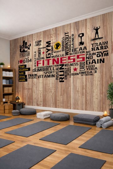 Dreamwall Fitness Temalı Tipografi ve Spor Motifli Tek Parça Tekstil Duvar Kağıdı küçük görsel 1