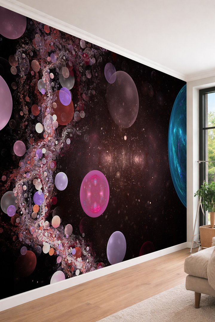 Dreamwall Galaksi ve Renkli Gezegenler - Modern Salon ve Genç Odası Tek Parça Tekstil Duvar Kağıdı