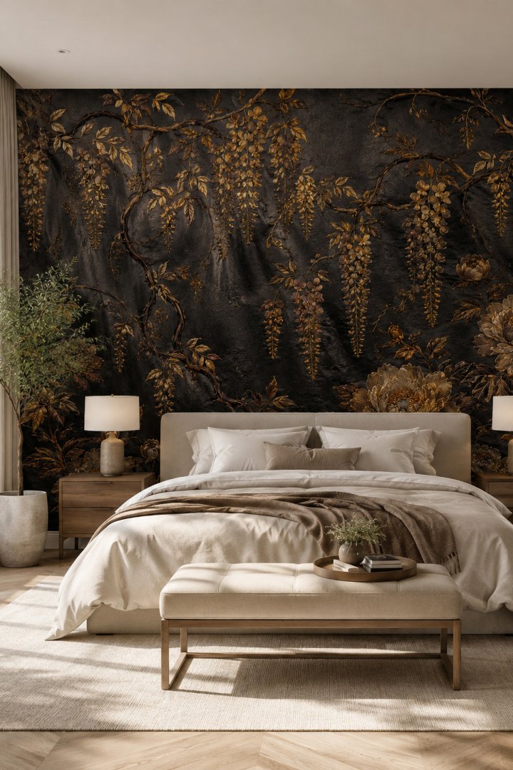 Dreamwall Gece Bahçesi Gold Botanik Temalı Tek Parça Tekstil Duvar Kağıdı