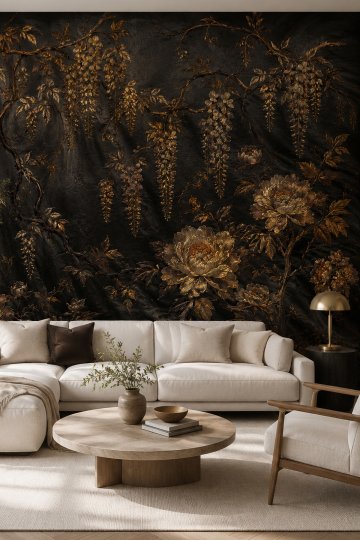 Dreamwall Gece Bahçesi Gold Botanik Temalı Tek Parça Tekstil Duvar Kağıdı küçük görsel 2