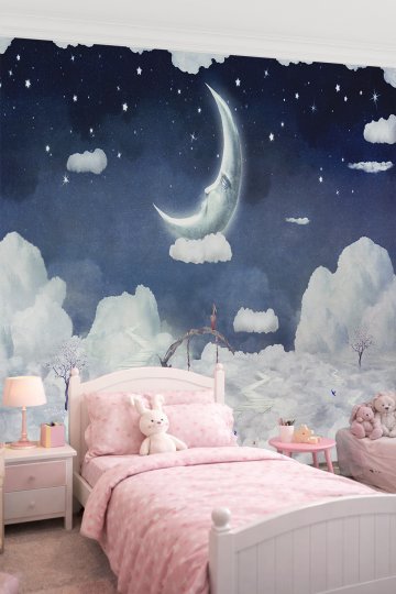 Dreamwall Gece Gökyüzünde Salıncakta Sallanan Çocuk Tek Parça Tekstil Duvar Kağıdı