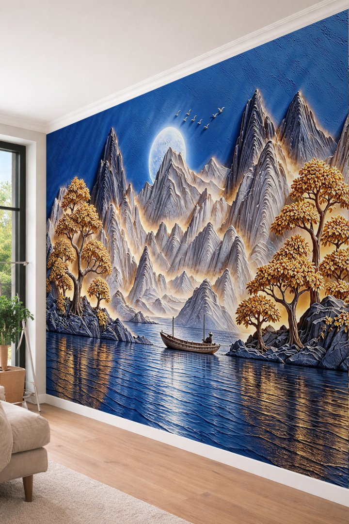 Dreamwall Gece Mavisi Gökyüzü, Dolunay, Ağaçlar ve Nehir Manzaralı Tek Parça Tekstil Duvar Kağıdı 