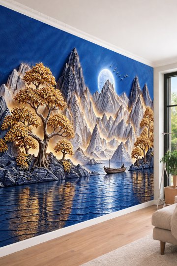 Dreamwall Gece Mavisi Gökyüzü, Dolunay, Ağaçlar ve Nehir Manzaralı Tek Parça Tekstil Duvar Kağıdı  küçük görsel 2