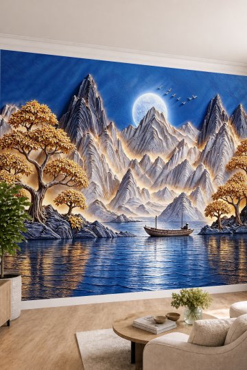 Dreamwall Gece Mavisi Gökyüzü, Dolunay, Ağaçlar ve Nehir Manzaralı Tek Parça Tekstil Duvar Kağıdı  küçük görsel 4