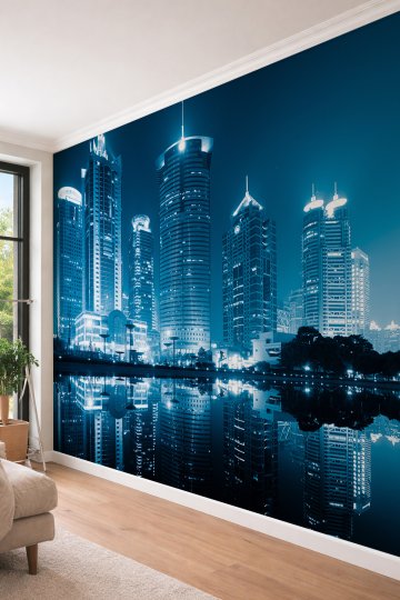 Dreamwall Gece Şehir Manzaralı Gökdelen ve Su Yansımalı Tek Parça Tekstil Duvar Kağıdı